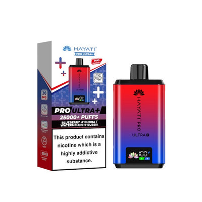The image shows a Hayati Pro Ultra+ Pre-Filled Pod Kit in red and blue colors, along with its packaging that indicates it has 25,000+ puffs capability and contains nicotine.