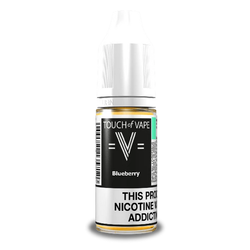 A bottle of Blueberry flavored e-liquid from Touch of Vape. The label shows the brand name and the flavor.