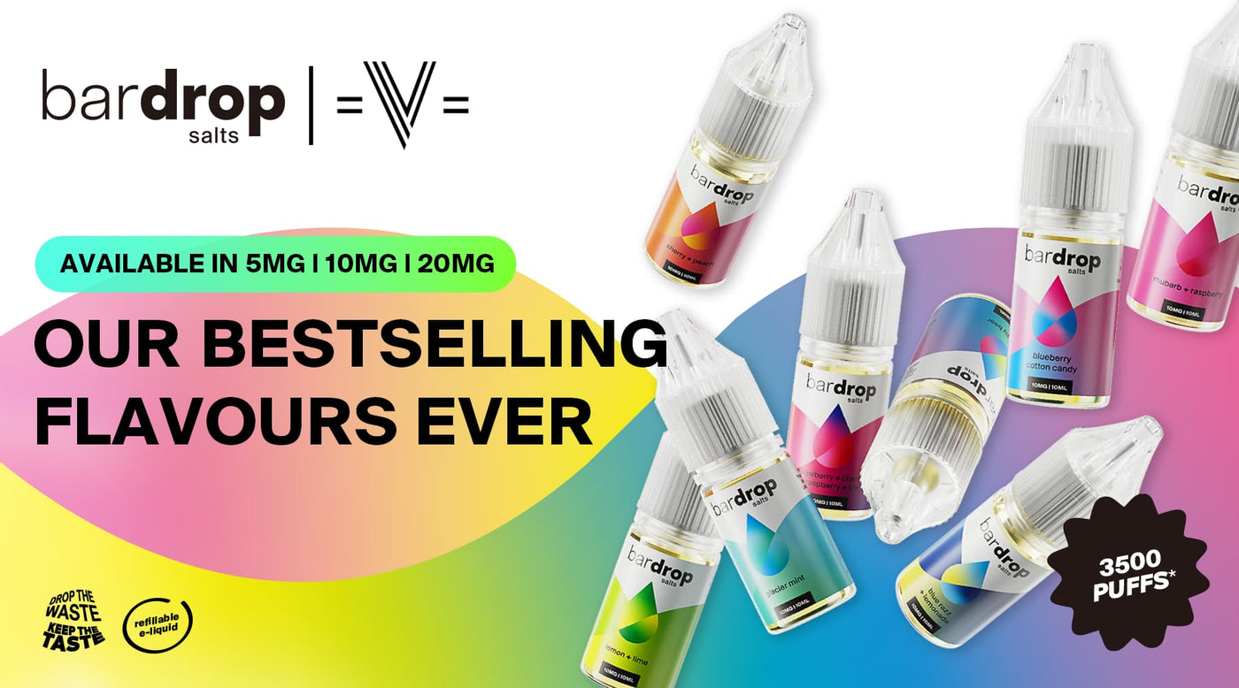 Advertisement for bardrop salts e-liquid bottles with colorful labels on a multicolored background.