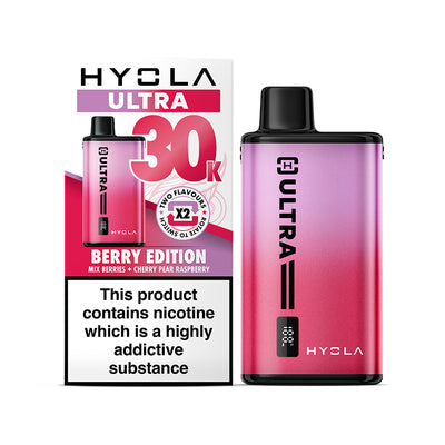 Hyola Ultra 30K pre-filled pod kit in pink color, with packaging indicating the berry edition and 30,000 puffs capacity.
