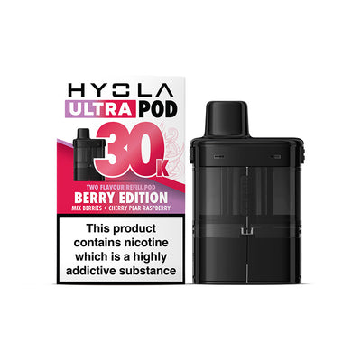 Packaging of Hyola Ultra Pre-Filled Pods with one visible black pod device and a Berry Edition flavor label, indicating 30,000 puffs and nicotine content.