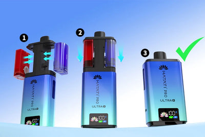 Three vaping devices with labeled steps on a blue background