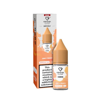 A product image displaying a box and a bottle of Crystal Clear Nic Salts, with the flavor Juicy Peach indicated on the packaging.