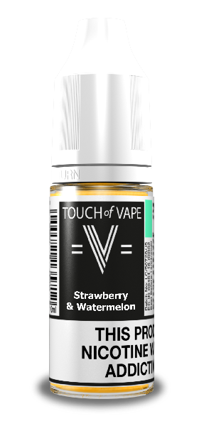 A bottle of Strawberry & Watermelon flavored e-liquid by Touch of Vape.